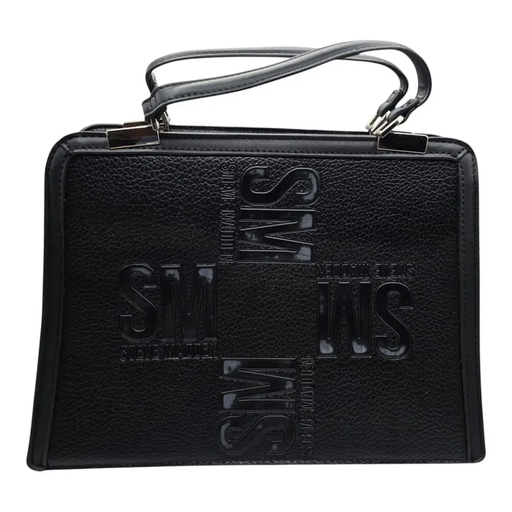 Steve Madden Black Logo Satchel Handbag Structured Double Compartment Purse